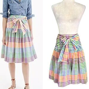 J. Crew Rainbow Gingham Check Printed Tie Waist Bow Midi Skirt - 6